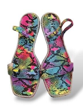 Liliana Snake Print Rhinestone Trim Flat Sandals Rainbow 8